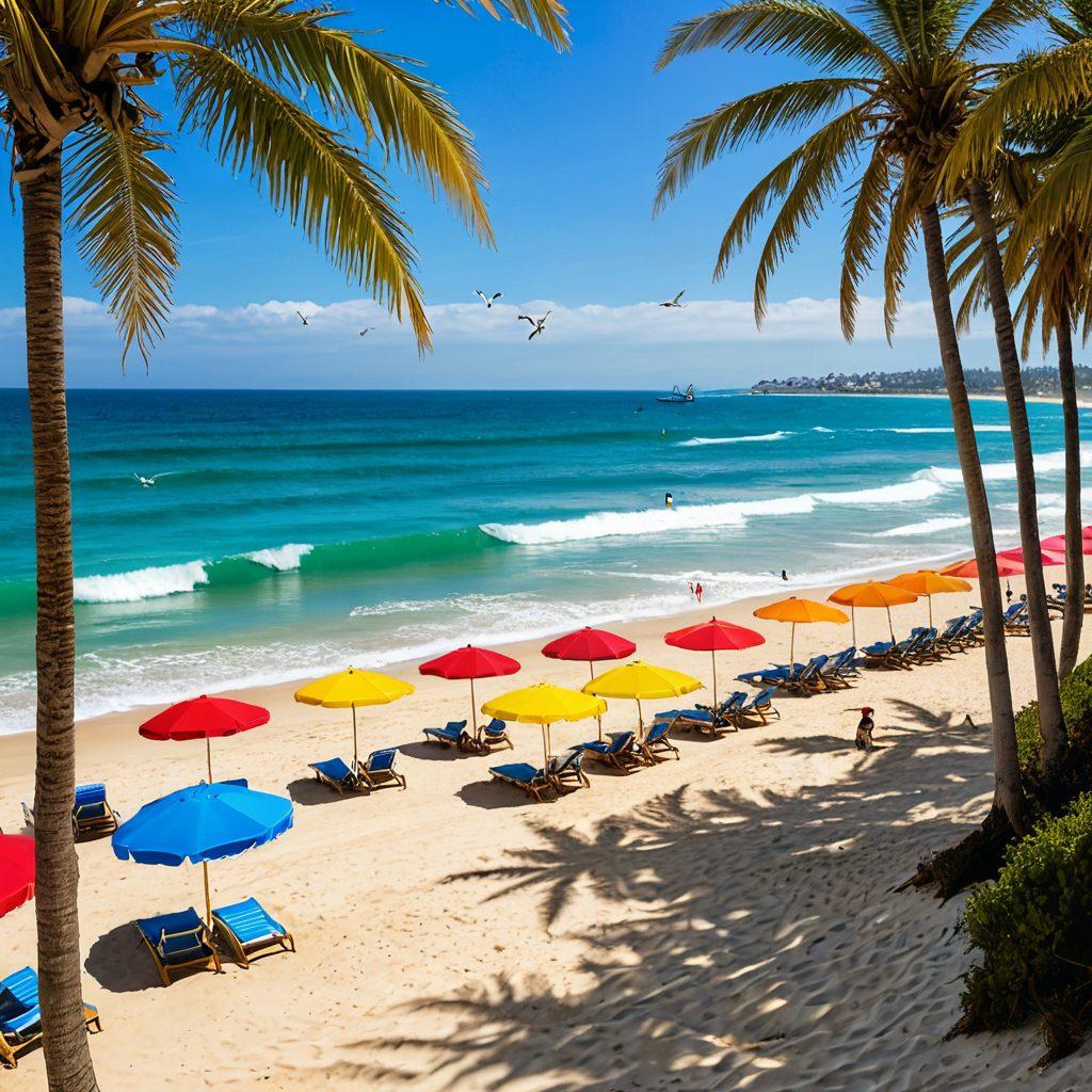 A vibrant beach scene featuring crystal-clear waves crashing onto golden sand with beachgoers enjoying sunshine, laughter, and colorful beach umbrellas. Capture the excitement of surfing and beach volleyball in the background, with seagulls flying overhead and palm trees swaying gently. Use bright, warm colors to evoke a joyful summer atmosphere. super-realistic. vibrant colors. dynamic composition.